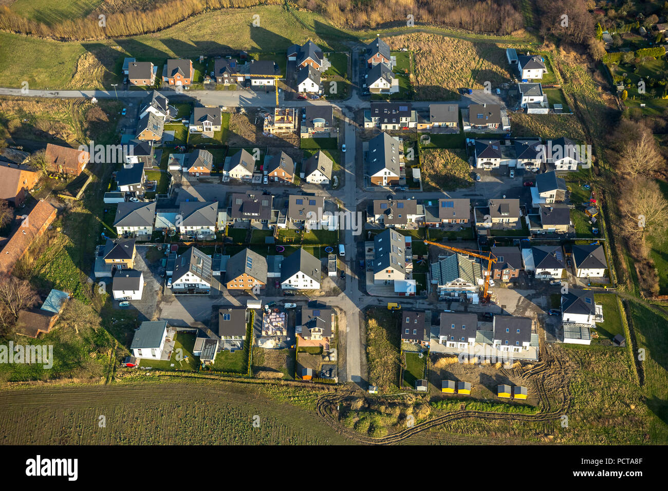 Detached houses, housing development area, Schulze-Everding, Bockum-Hövel, Hamm, Ruhr area, aerial view Stock Photo