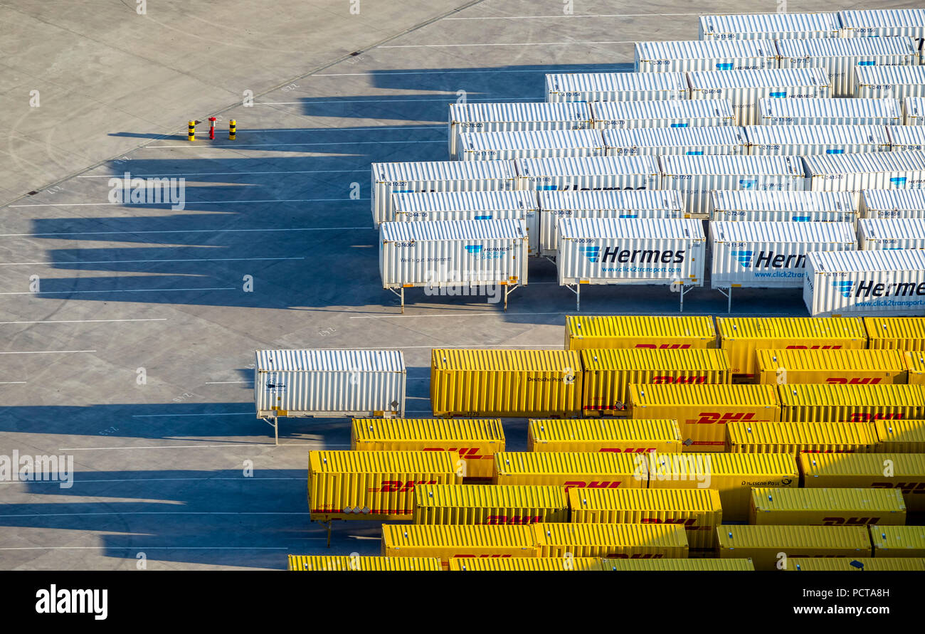 Hamm Hafenstraße, logistics company site, DHL and Hermes swap bodies, Hamm, Ruhr area, aerial view Stock Photo