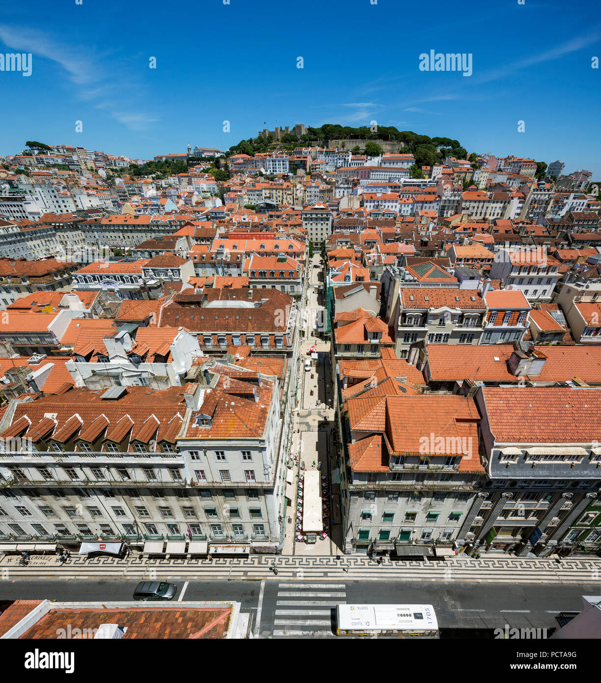 View from the most famous elevator of Portugal Elevador do Município or Elevador da Biblioteca and Elevador de S. Julião to the old town of Portugal with the red roofs, Lisbon, District of Lisbon, Portugal, Europe Stock Photo