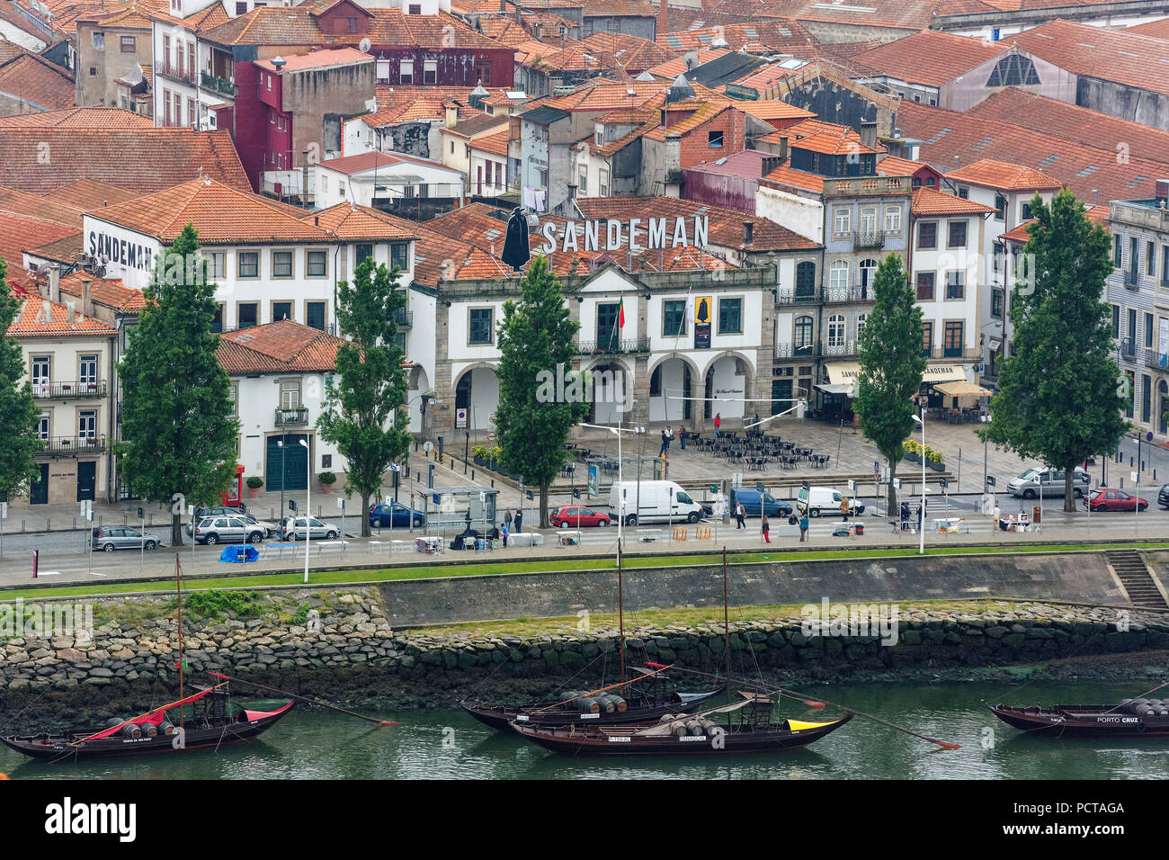 View over the Douro or Duero to the district Gaia, Vila Nova de Gaia, Sandeman, wine producer with winery, Port wine, Oporto, district Porto, Portugal, Europe Stock Photo