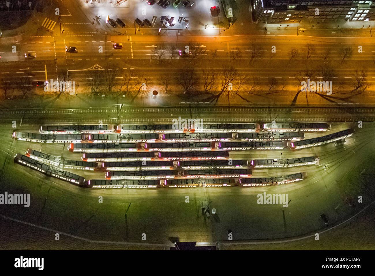Aerial view, tram Müngerdorfer Stadion at night, Cologne, Rhineland, Cologne, North Rhine-Westphalia, Germany, Europe Stock Photo