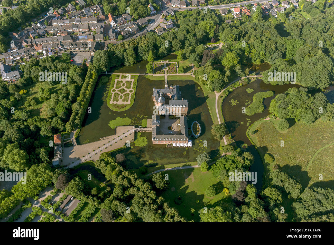 Water castle Anholt in private ownership of the princes of Salm-Salm, Anholt castle, Anholt, aerial view of Isselburg, Lower Rhine Stock Photo