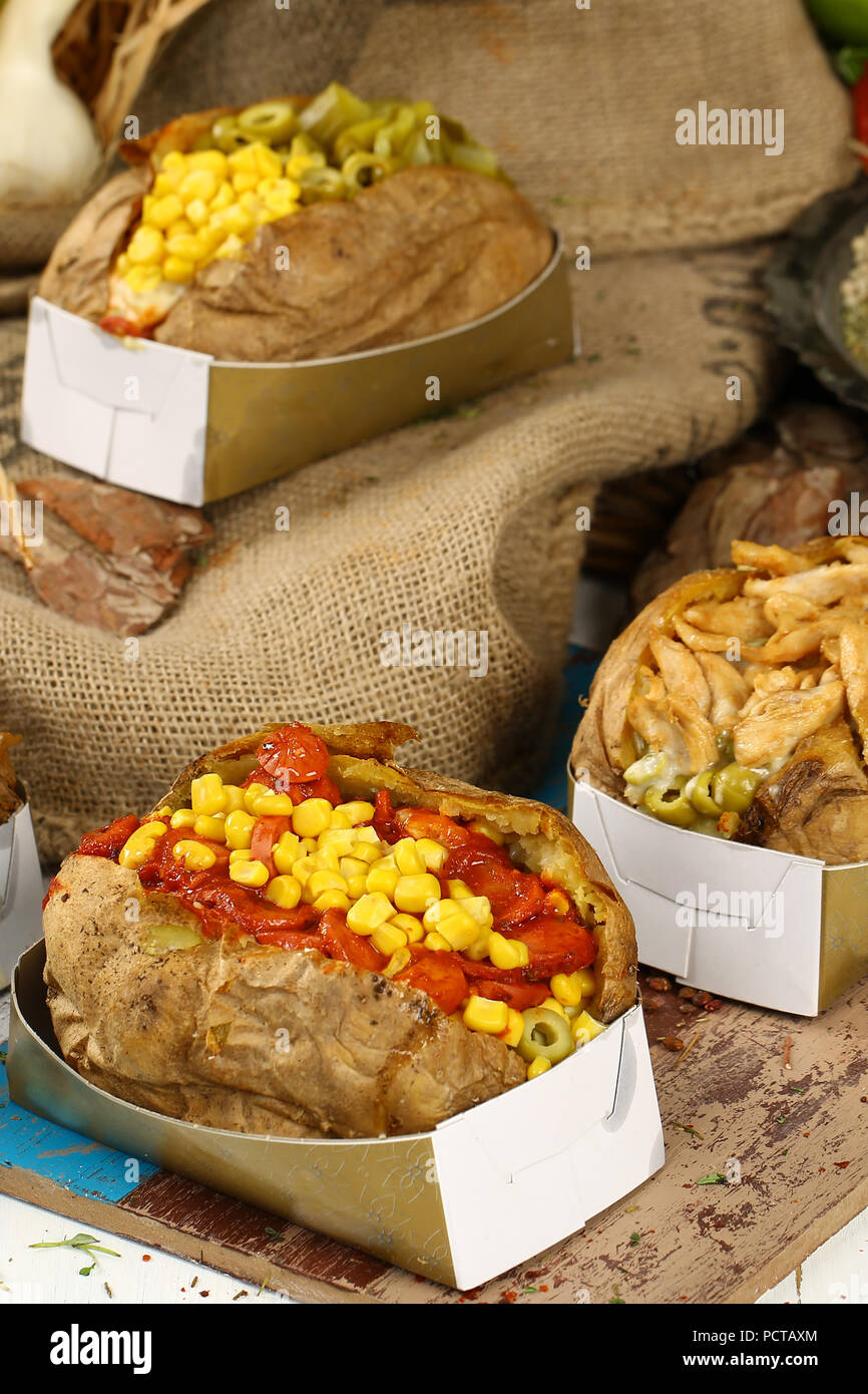 Kumpir Turkish Baked Potato With Cheese Corn And Sausage Stock Photo Alamy
