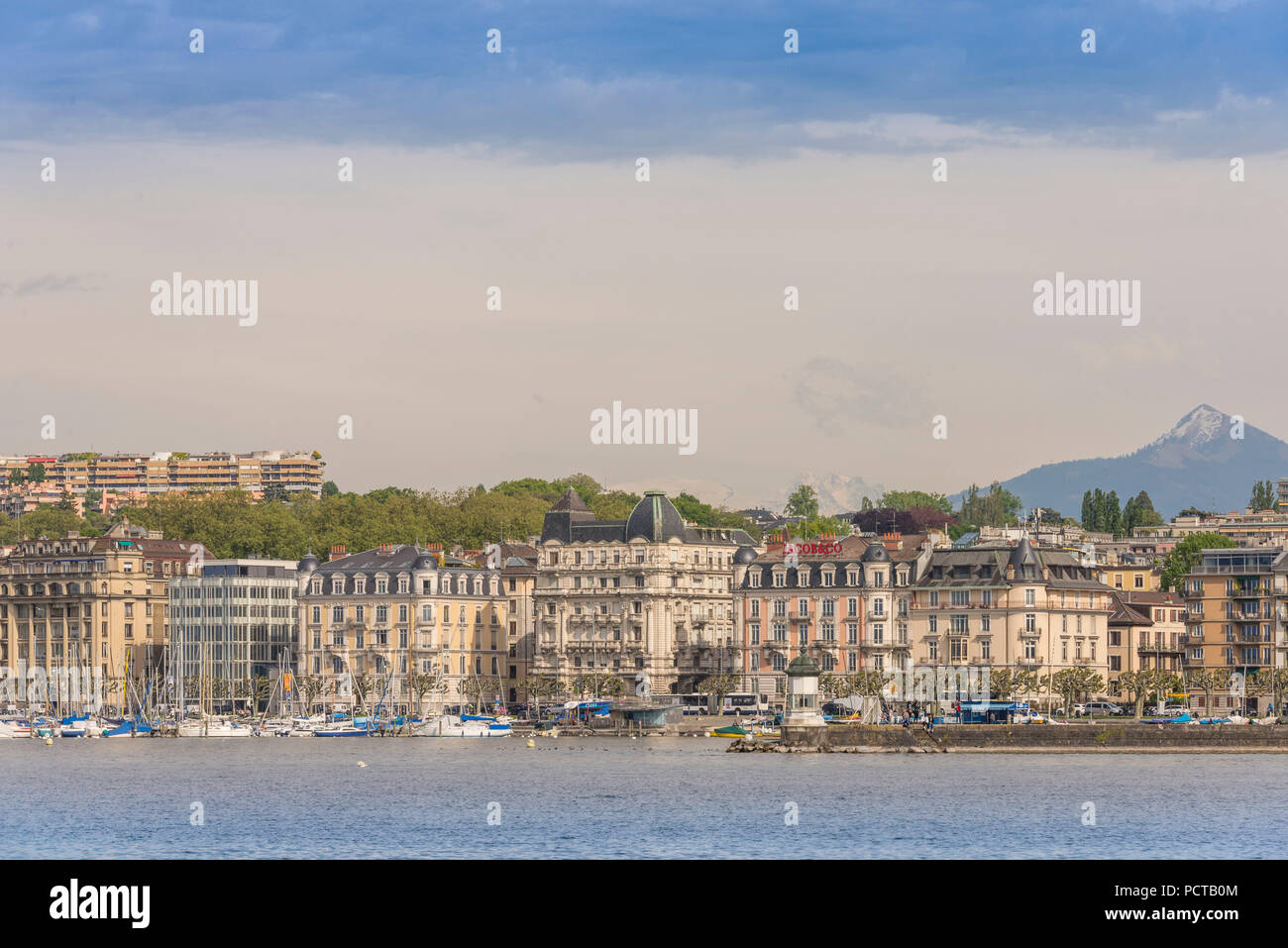 View over the lake with old town, Geneva, canton of Geneva, Western Switzerland, Switzerland Stock Photo