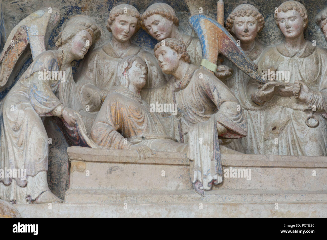 Holy figures on the west portal, Notre Dame Cathedral, Lausanne, Canton of Vaud, Western Switzerland, Switzerland Stock Photo