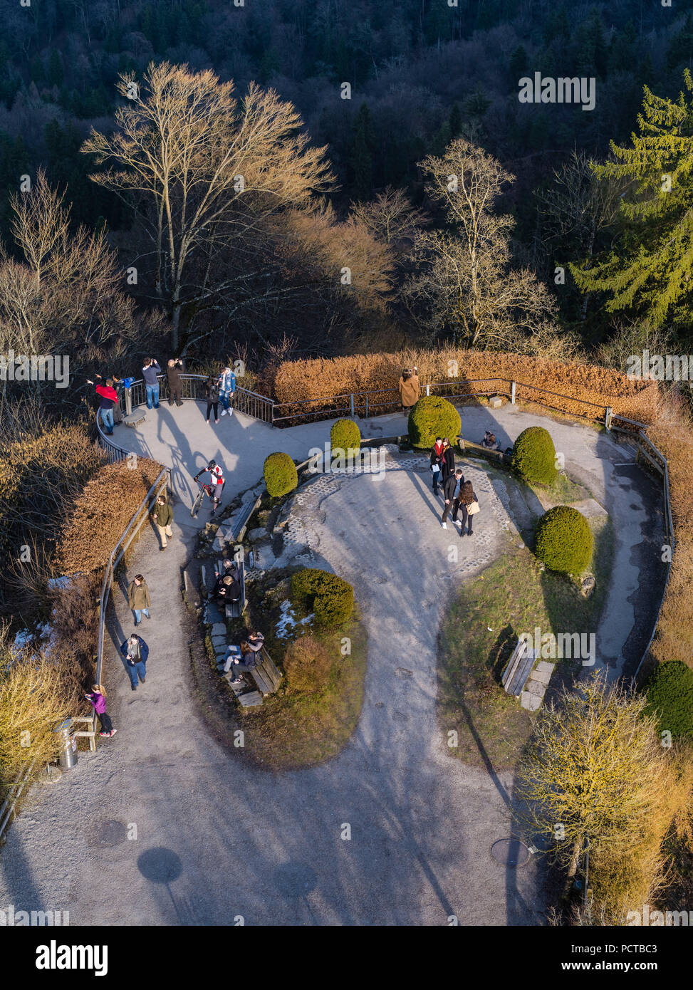 Observation platform on the Uetliberg near Zurich in evening light with walkers Stock Photo