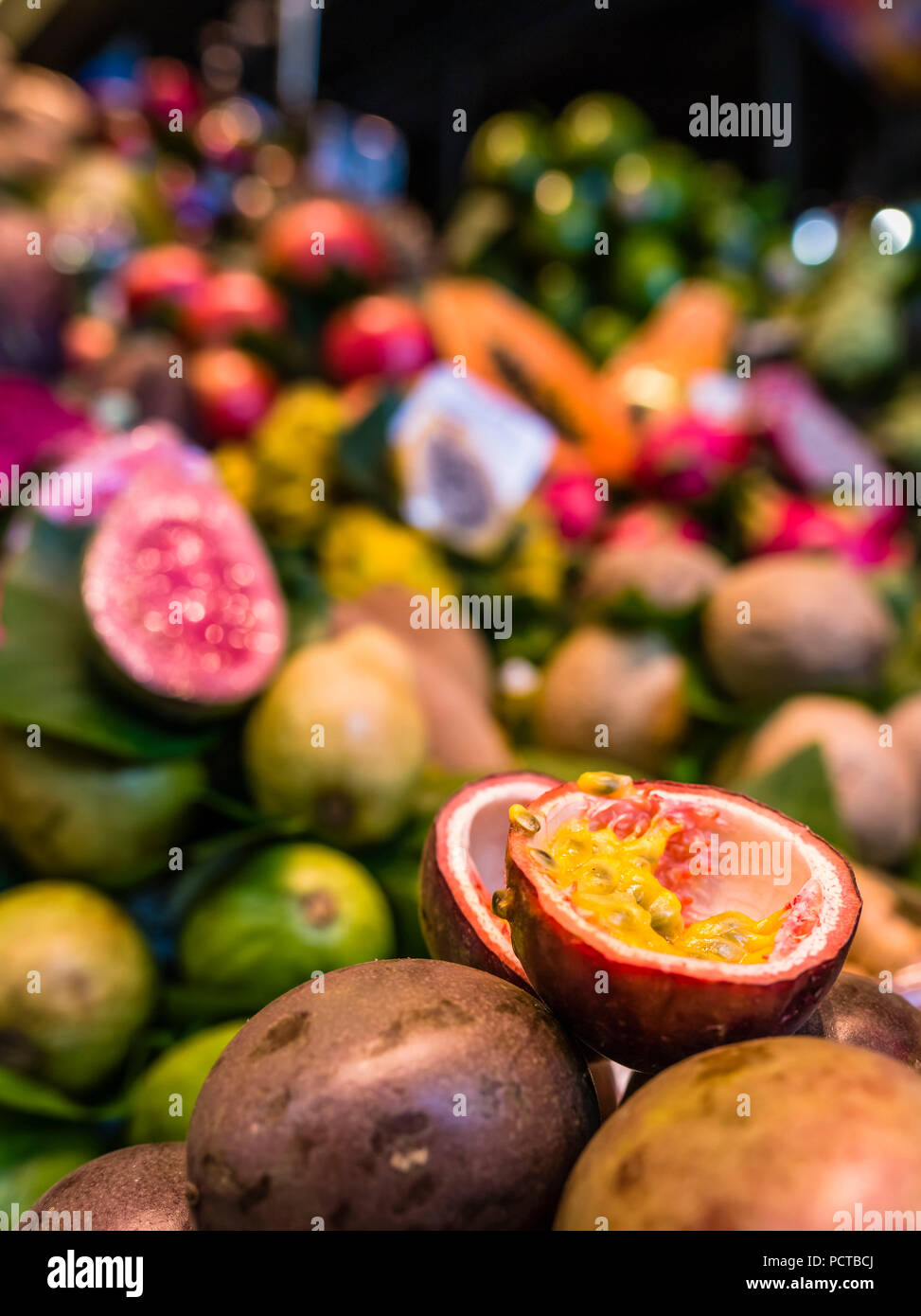 Mercat de Boqueria Market Hall in Barcelona, passion fruit Stock Photo