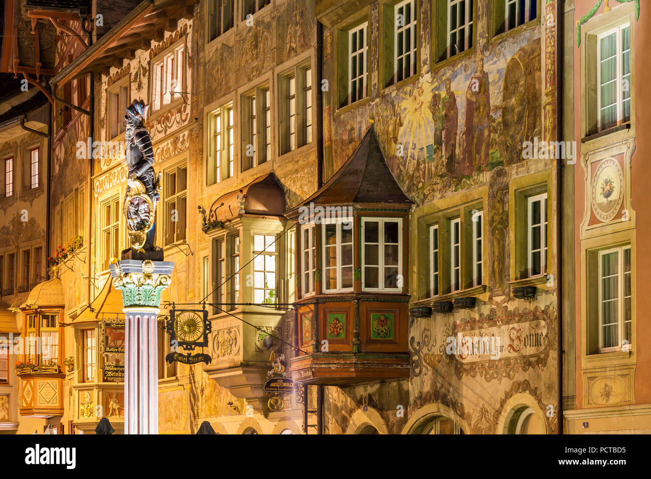 Switzerland, Canton Schaffhausen, Stein am Rhein, Lake Constance, old town, town hall square, historical houses, market fountain, fountain figure Stock Photo