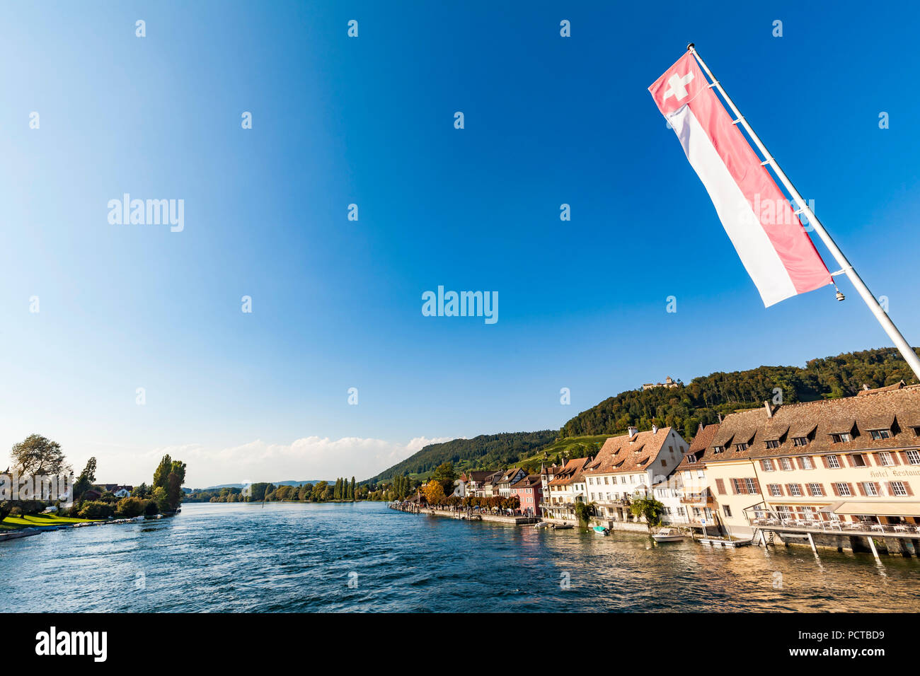 Switzerland, Canton Schaffhausen, Stein am Rhein, Lake Constance, Rhine, old town, Rhine shore, Swiss flag, flag Stock Photo