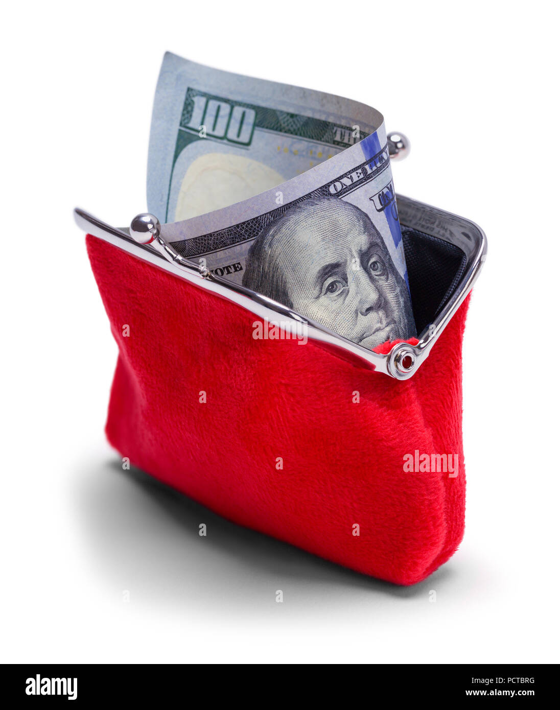Open Change Purse With Hundred Dollar Bill Isolated on White. Stock Photo