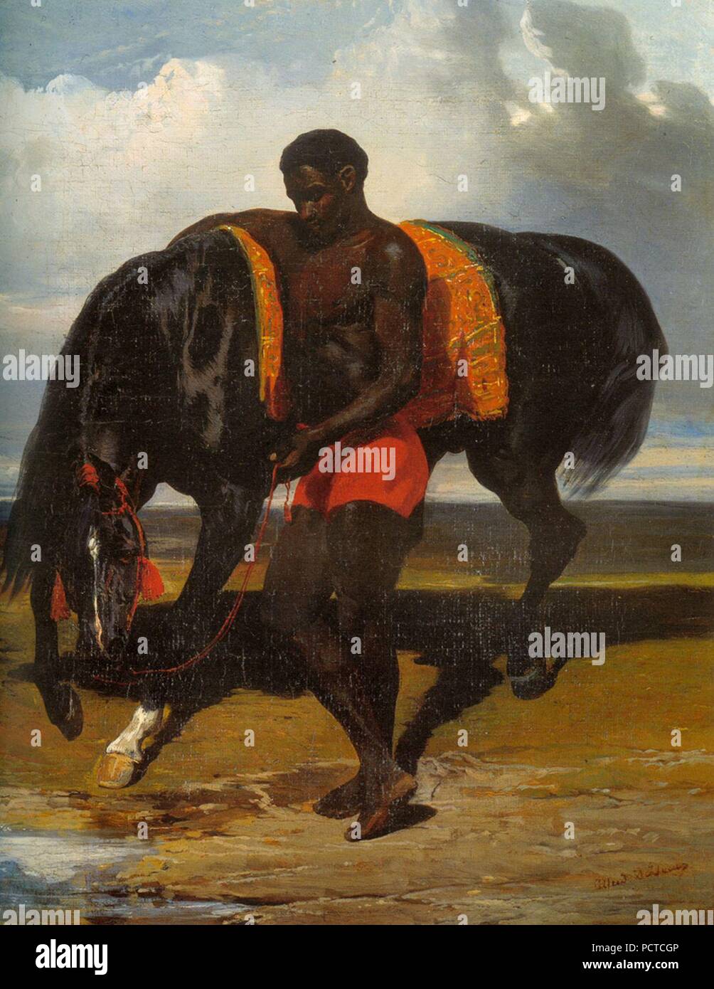 Alfred Dedreux - Africain tenant un cheval au bord d'une mer. Stock Photo