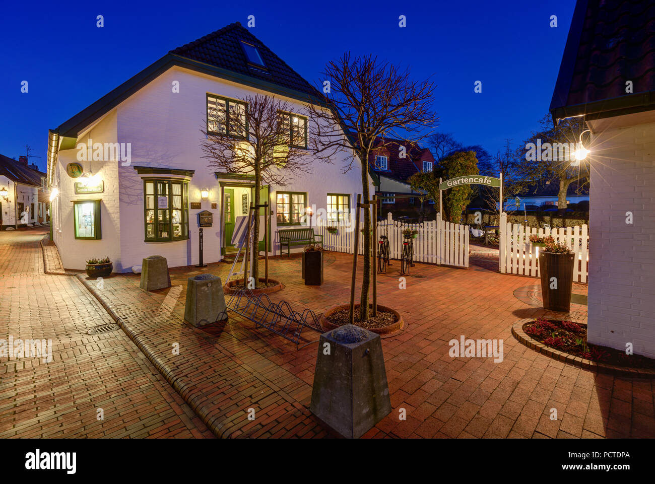 Blue hour, Greetsiel, Hotel, Restaurant Witthus, Facade, East Frisia, Lower Saxony, Germany, Stock Photo