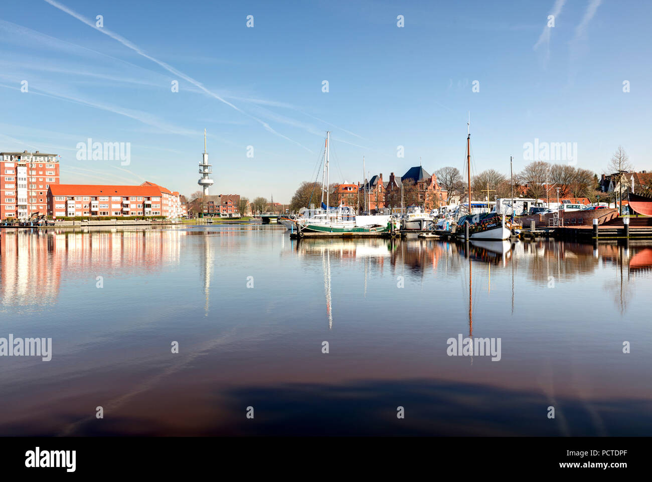 Harbor, Ratsdelft, ships, Emden, East Frisia, Lower Saxony, Germany, Europe Stock Photo