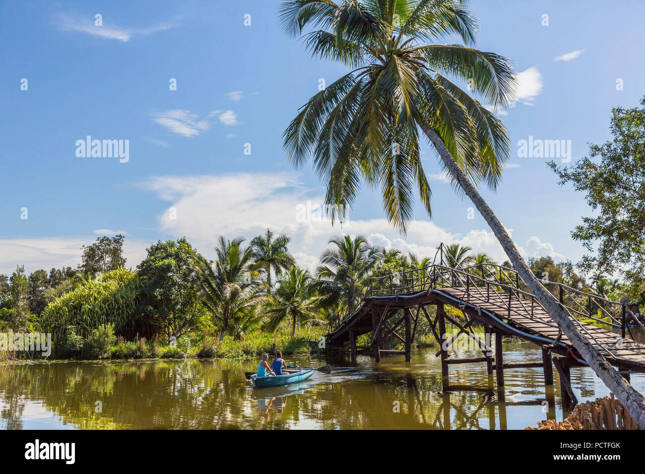 Lagoon with bridge, hotel island Guamá, wetland, Lago del Tresoro, Matanzas, Zapata peninsula, Cuba Stock Photo