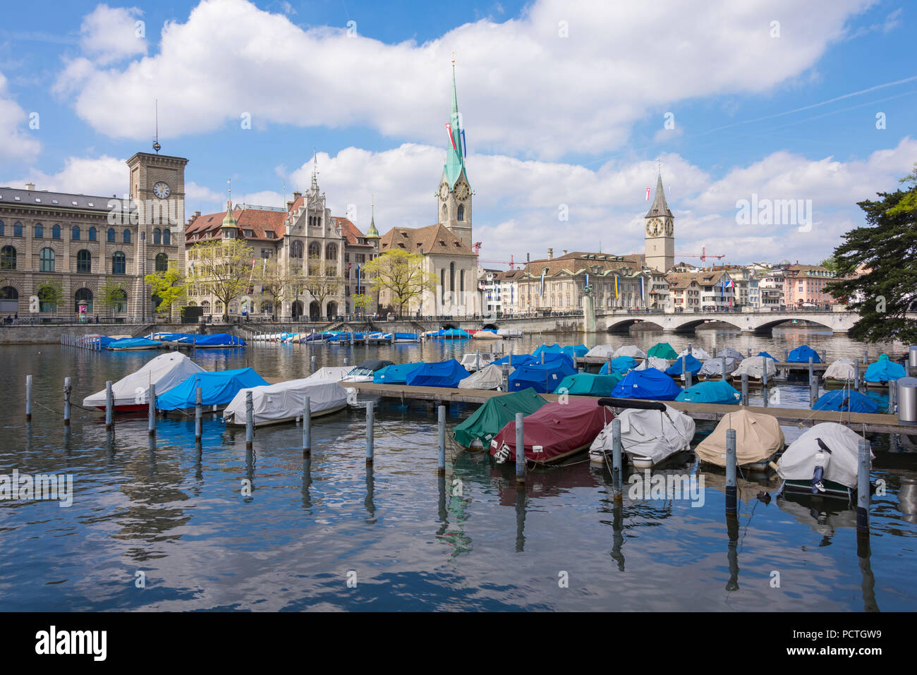 Limmatquai with townhouse fraumunster st peter at the cathedral bridge ...