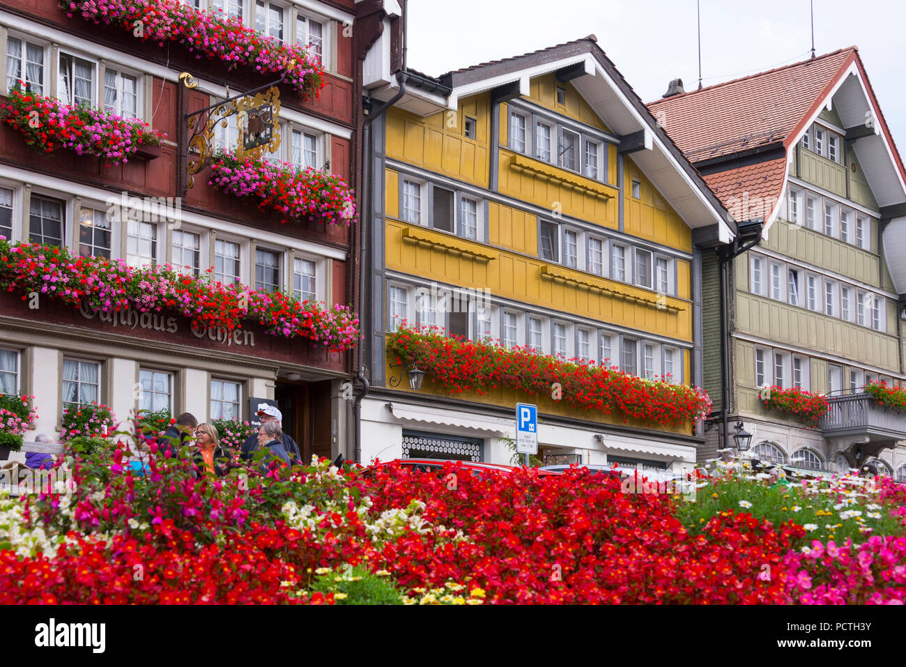 Flower arrangement in the center of Urnäsch, Appenzeller Land, Canton Appenzell Ausserrhoden, Switzerland Stock Photo