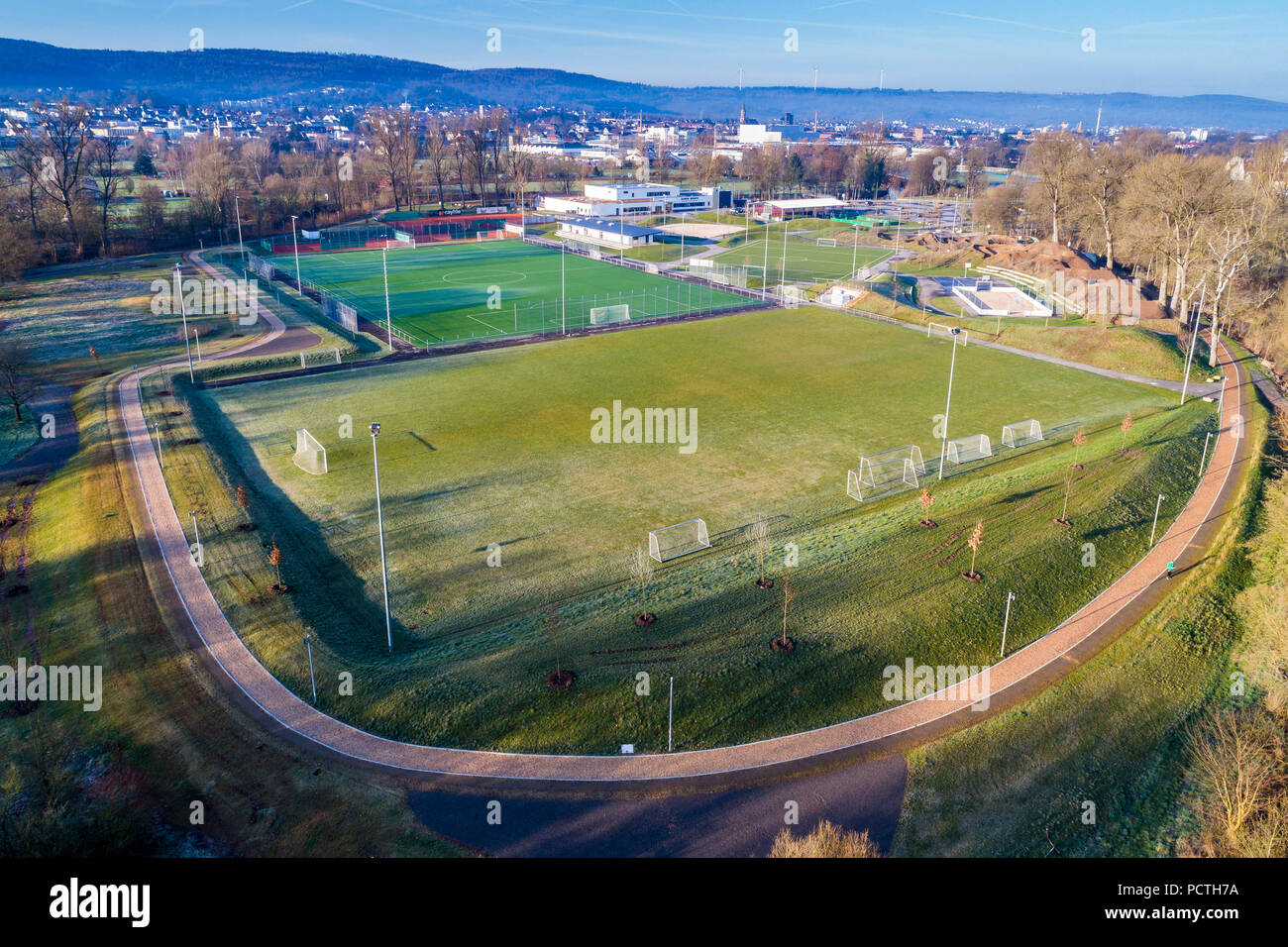 Aerial view, sports grounds Schorndorf, Baden-Wuerttemberg, Germany Stock Photo