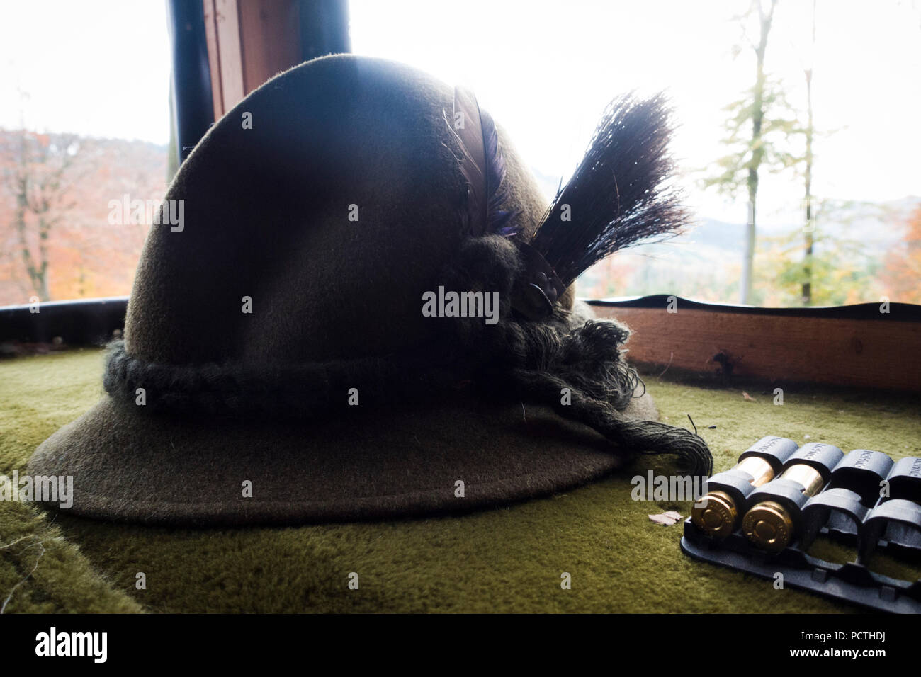 Hunting hat and view from raised hide, Arnsberg Forest Nature Park in autumn, Hochsauerland, Sauerland, North Rhine-Westphalia, Germany Stock Photo