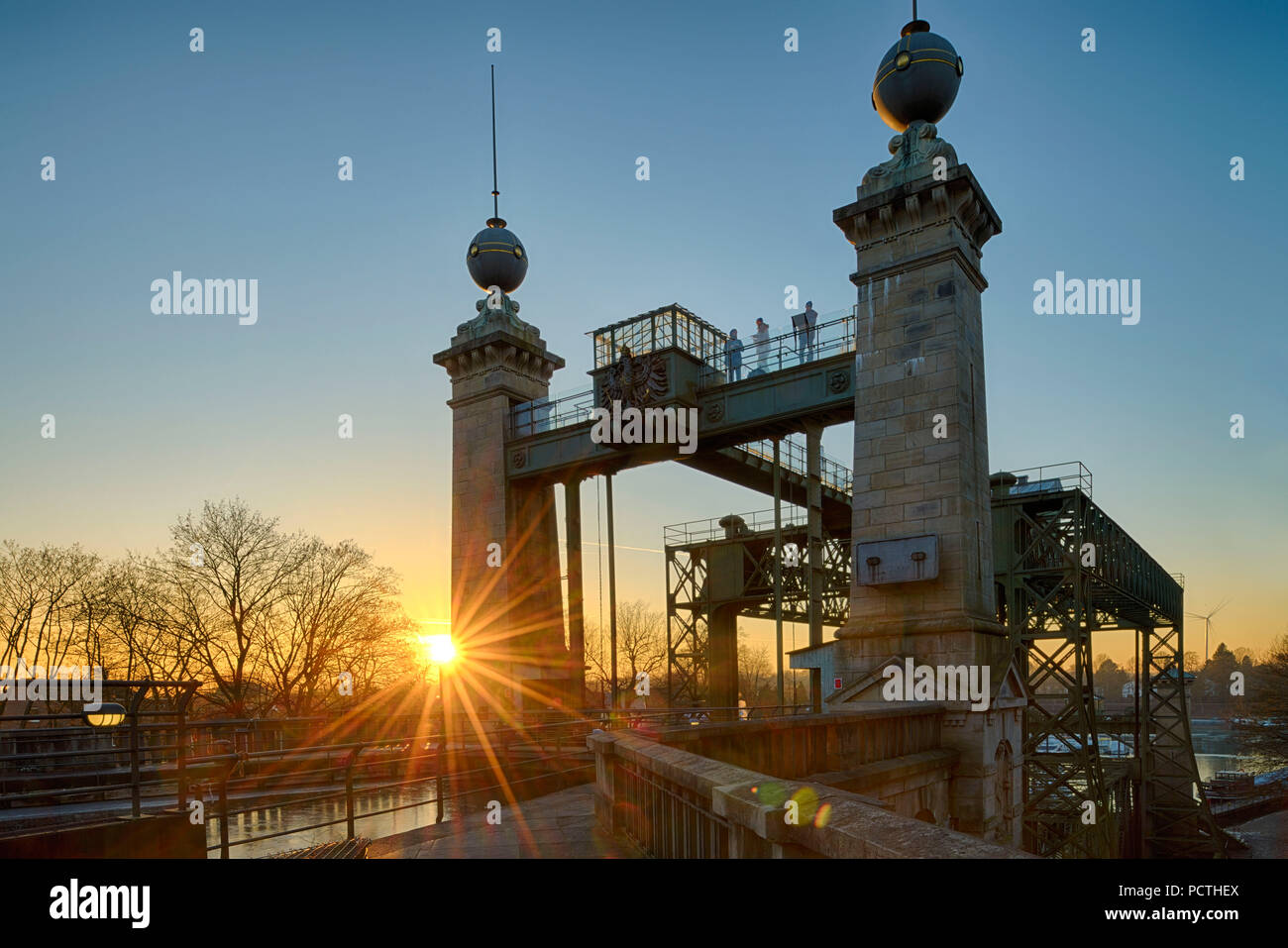 LWL - Industrial Museum, Henrichenburg boat lift on the Dortmund Ems Canal in sunset, Waltrop - Oberwiese, North Rhine-Westphalia, Germany Stock Photo