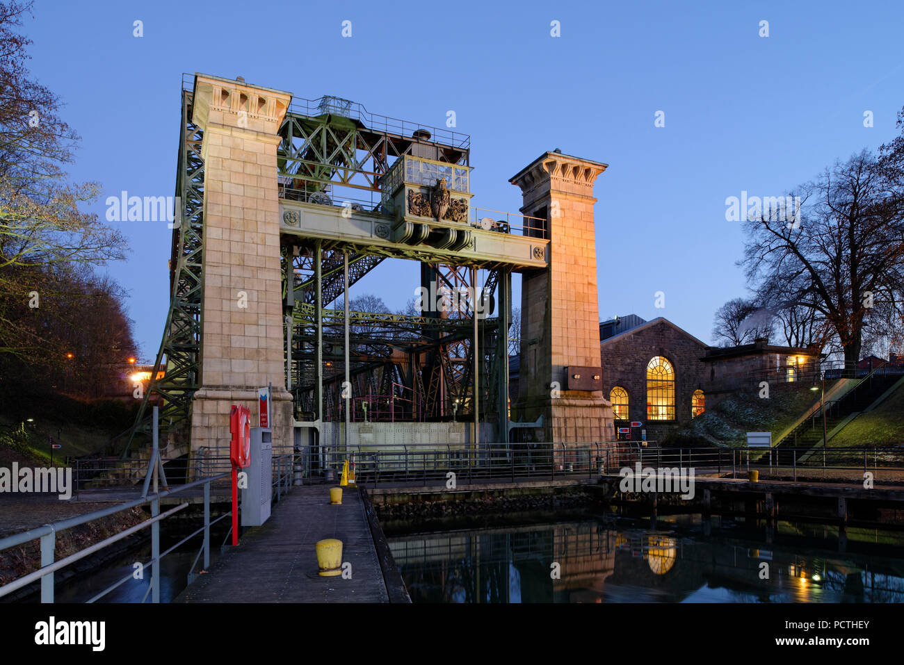 LWL - Industrial Museum, Henrichenburg boat lift on the Dortmund-Ems Canal in evening light, Waltrop - Oberwiese, North Rhine-Westphalia, Germany Stock Photo