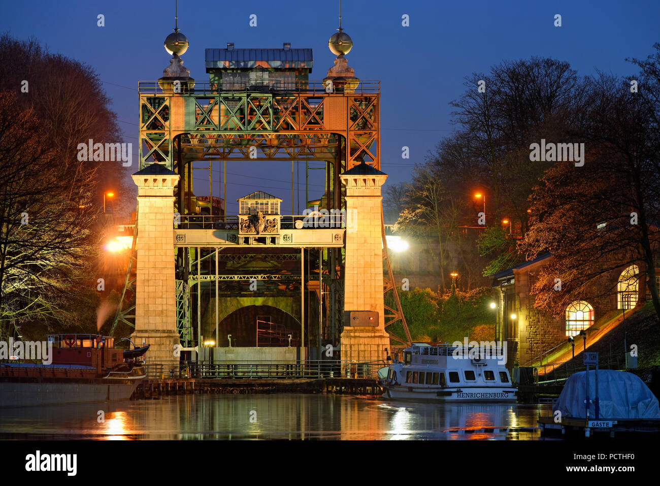 LWL - Industrial Museum, Henrichenburg boat lift on the Dortmund-Ems Canal in evening light, Waltrop - Oberwiese, North Rhine-Westphalia, Germany Stock Photo