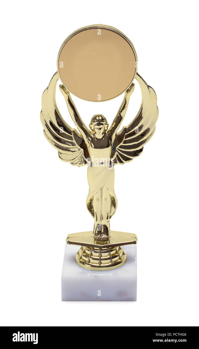 Gold Winged Girl Trophy With Medal Isolated on a White Background. Stock Photo