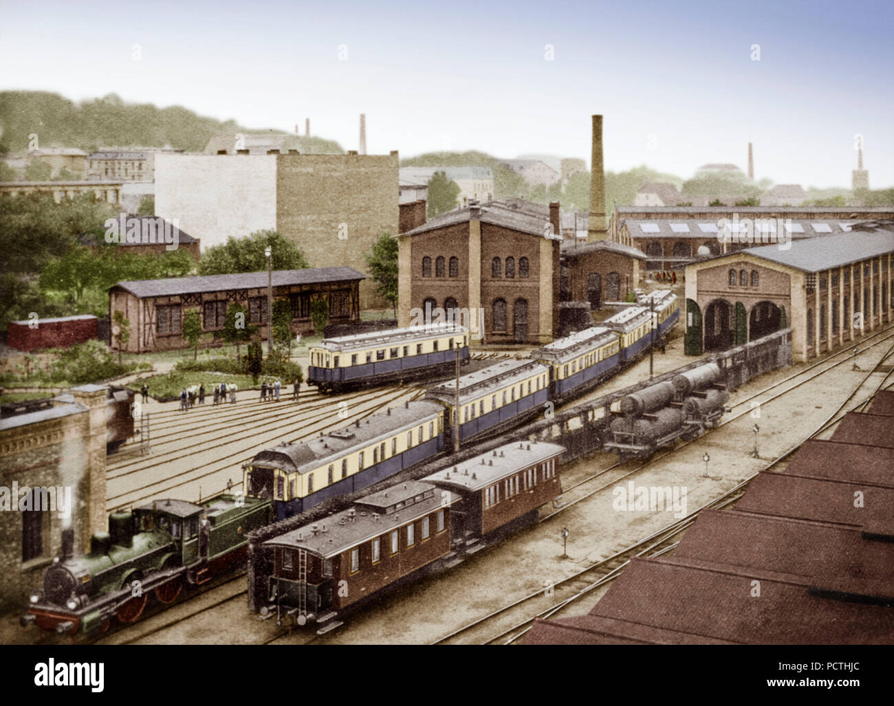 Germany, German Reich, Prussia, Potsdam, Locomotive, Train, Waggons, Railways, Buildings Stock Photo