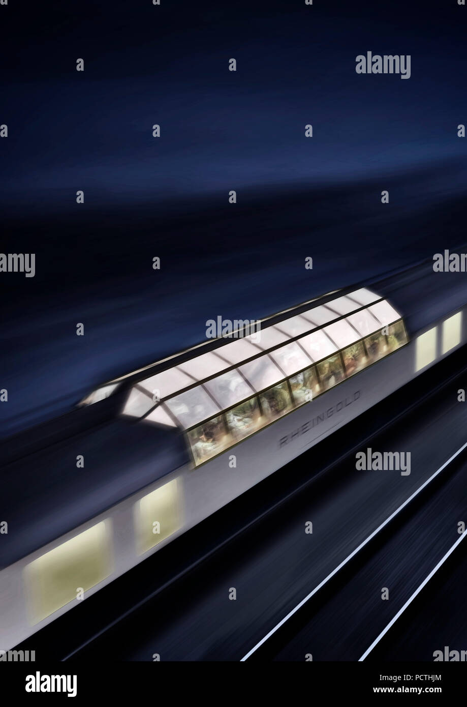 Train, Wagon, Night, Travelers, Blurred Motion, Graphic, Photograph, [M], RailArt Stock Photo