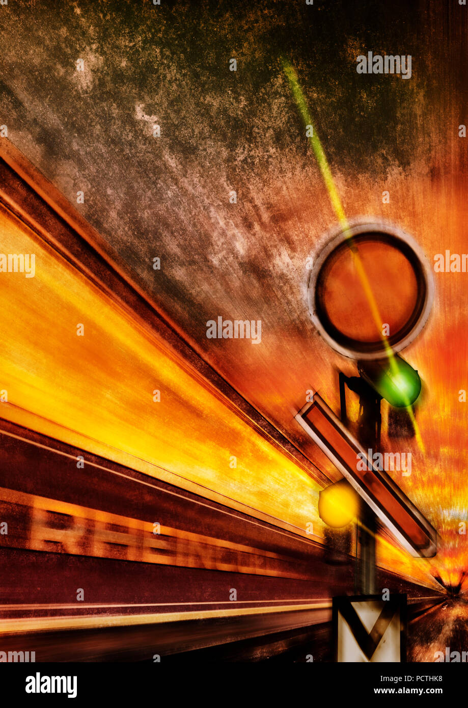 Train, Passenger Cars, writing, Sky, Evening Scene, Blurred Motion, Signal, [M], Graphic, Rail Art Stock Photo