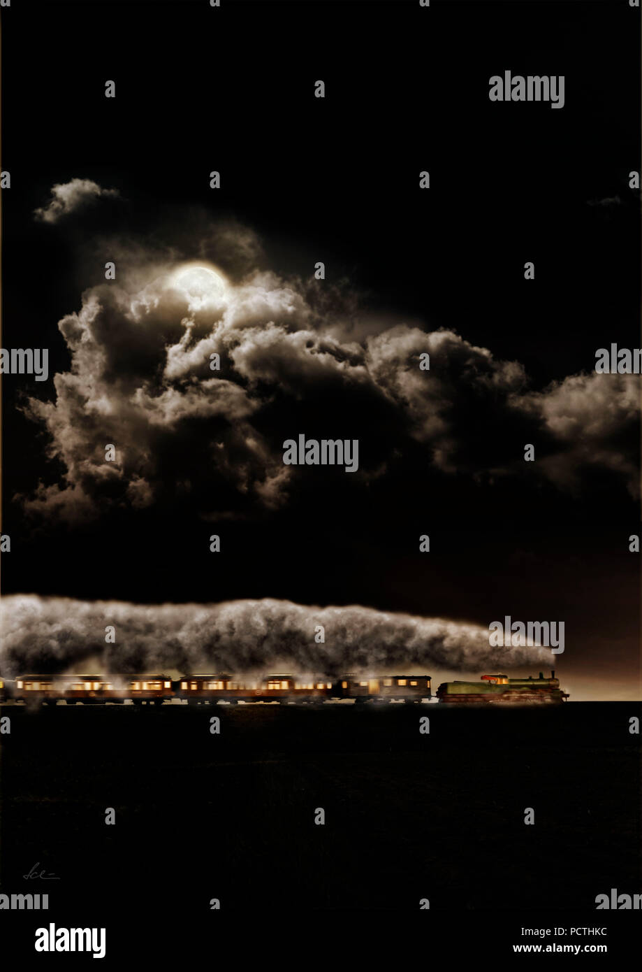 Steam locomotive, train, night, moon, clouds, [M], retouched Stock Photo