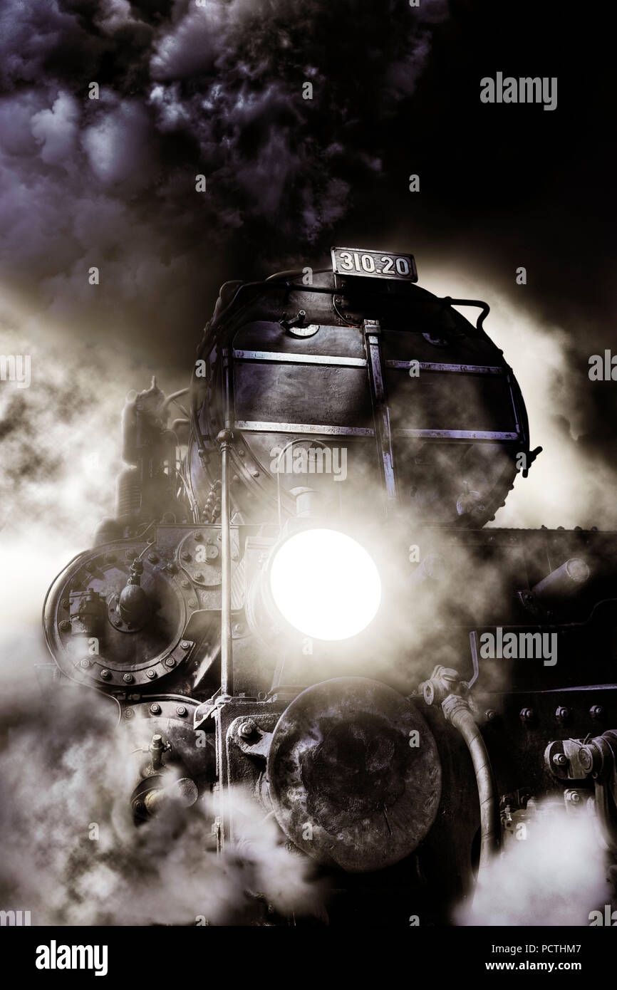 Locomotive, lamp, buffer, smoke, steam, retouched, [M] Stock Photo