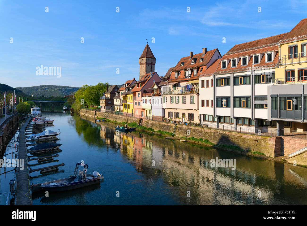 Tauber river with colorful fisher houses and Spitzer tower, Wertheim, River Tauber, Tauberfranken, Spessart, Franconia, Main-Tauber-district, Baden-Württemberg, Germany Stock Photo