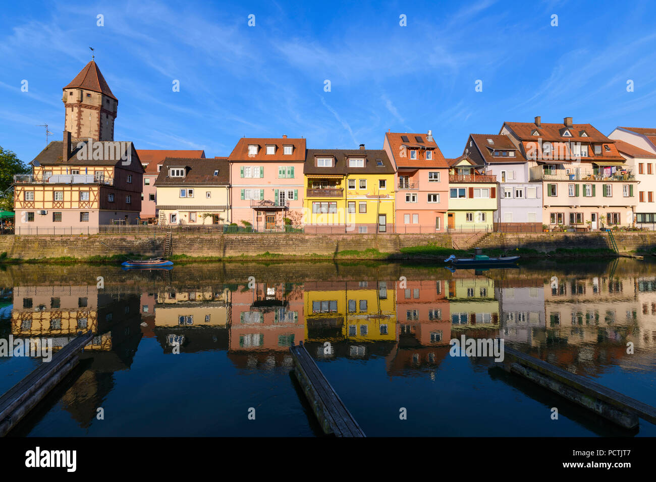 Tauber river with colorful fisher houses and Spitzer tower, Wertheim, River Tauber, Tauberfranken, Spessart, Franconia, Main-Tauber-district, Baden-Württemberg, Germany Stock Photo