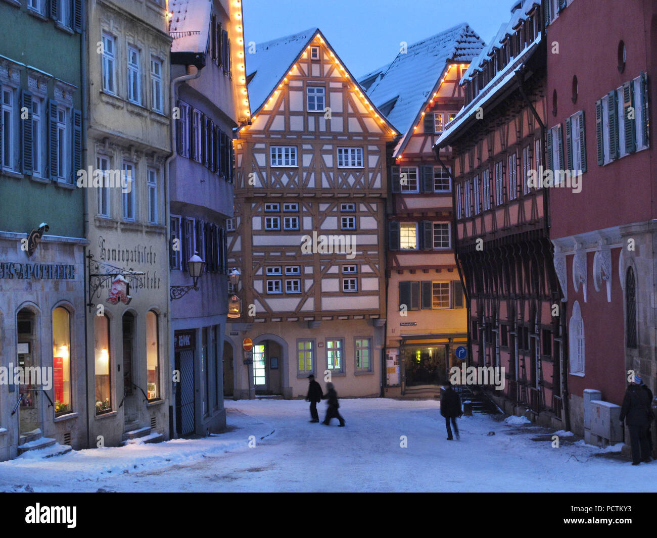 Side of Old City Hall with old houses, winter, Esslingen am Neckar