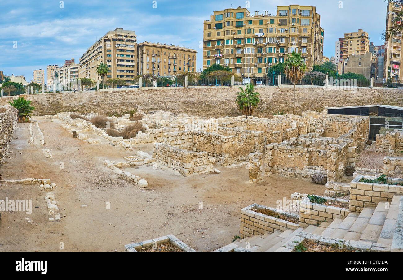 Panorama of Roman village ruins in Kom Ad Dikka archaeological site with preserved stone walls of ancient villas, Alexandria, Egypt. Stock Photo