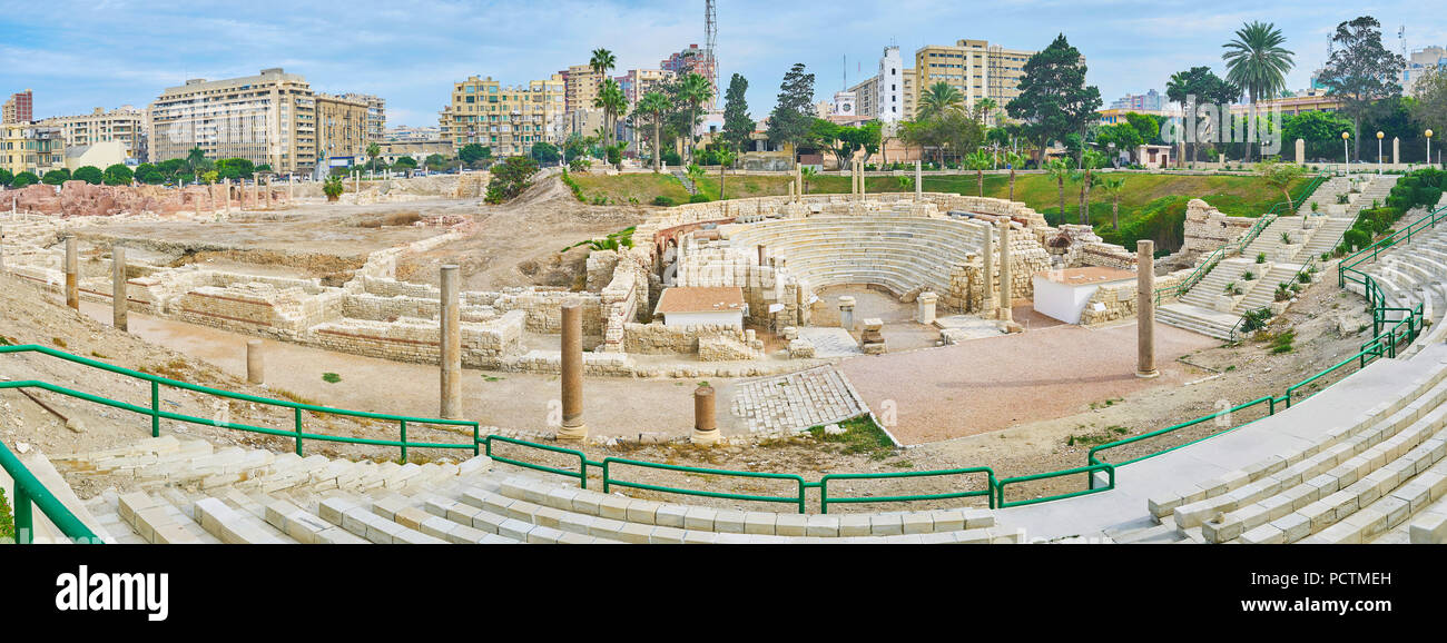 Kom Ad Dikka archaeological site with preserved amphitheatre, auditorium, bathhouse and Roman villas, Alexandria, Egypt. Stock Photo