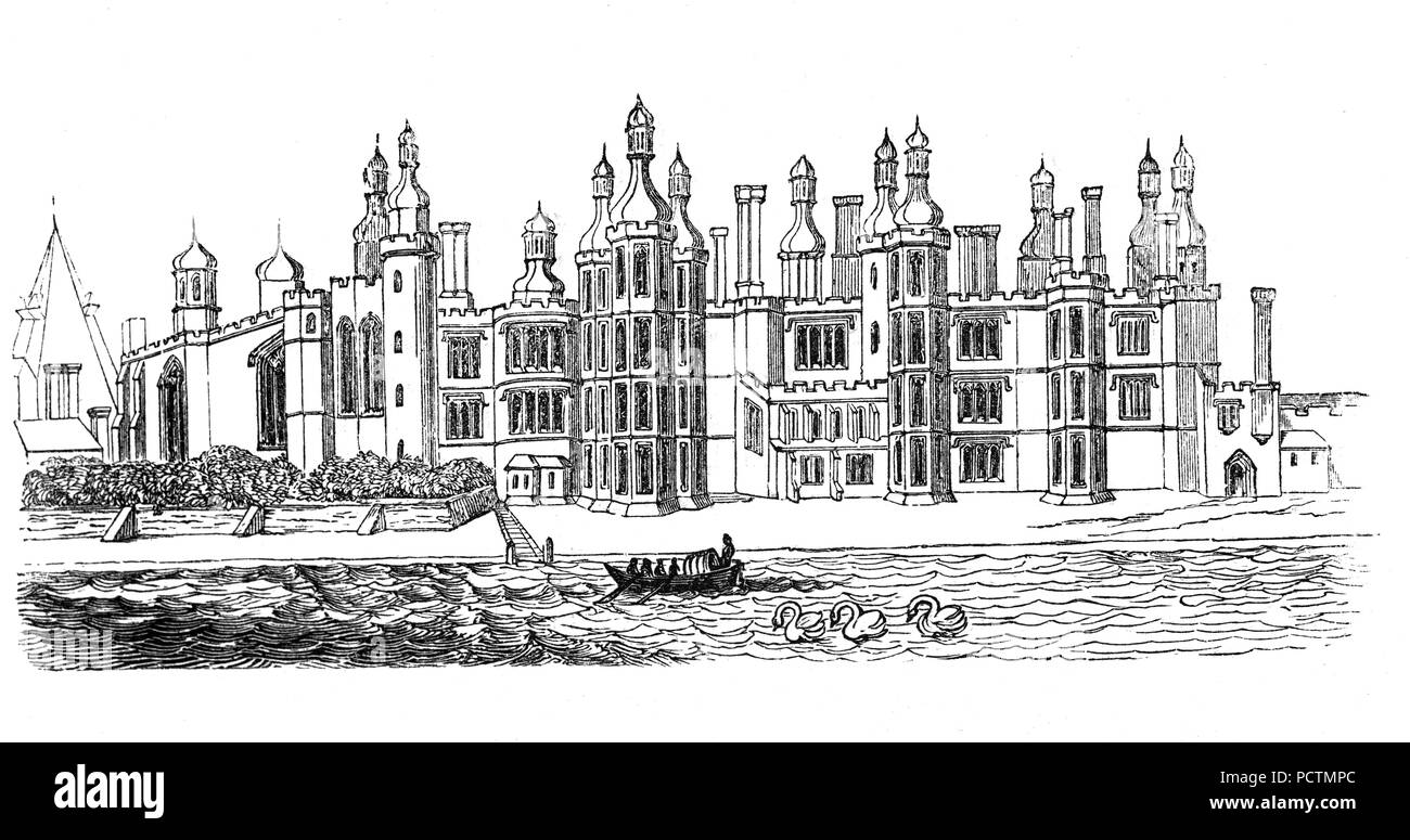 Richmond Palace was a royal residence on the River Thames in London, England in the sixteenth and seventeenth centuries erected about 1501 by Henry VII of England.  It lay  on the opposite bank from the Palace of Westminster and once Elizabeth I became queen she spent much of her time there, as she enjoyed hunting stags in the 'Newe Parke of Richmonde'. She died there on 24 March 1603 Stock Photo