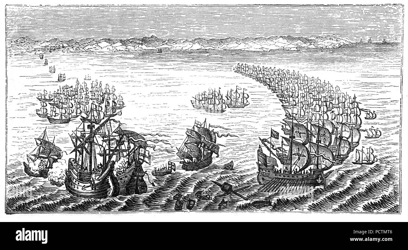 The Spanish Armada under attack from the English fleet during the largest engagement of the undeclared Anglo-Spanish War (1585–1604).  The Spanish fleet of 130 ships sailed f in late May 1588, with the aim of escorting an army from Flanders to invade England and overthrow Queen Elizabeth I and her establishment of Protestantism in England. The Armada anchored off Calais, but was scattered by an English fireship attack. Following  the ensuing Battle of Gravelines the Spanish fleet was forced to return to Spain. Stock Photo