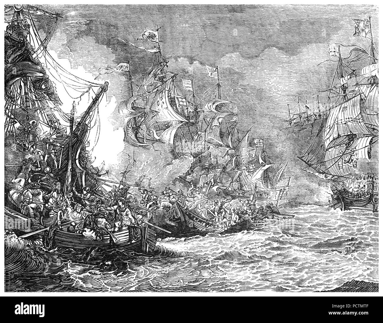 The Spanish Armada under attack from the English fleet during the largest engagement of the undeclared Anglo-Spanish War (1585–1604).  The Spanish fleet of 130 ships sailed f in late May 1588, with the aim of escorting an army from Flanders to invade England and overthrow Queen Elizabeth I and her establishment of Protestantism in England. The Armada anchored off Calais, but was scattered by an English fireship attack. Following  the ensuing Battle of Gravelines the Spanish fleet was forced to return to Spain. Stock Photo