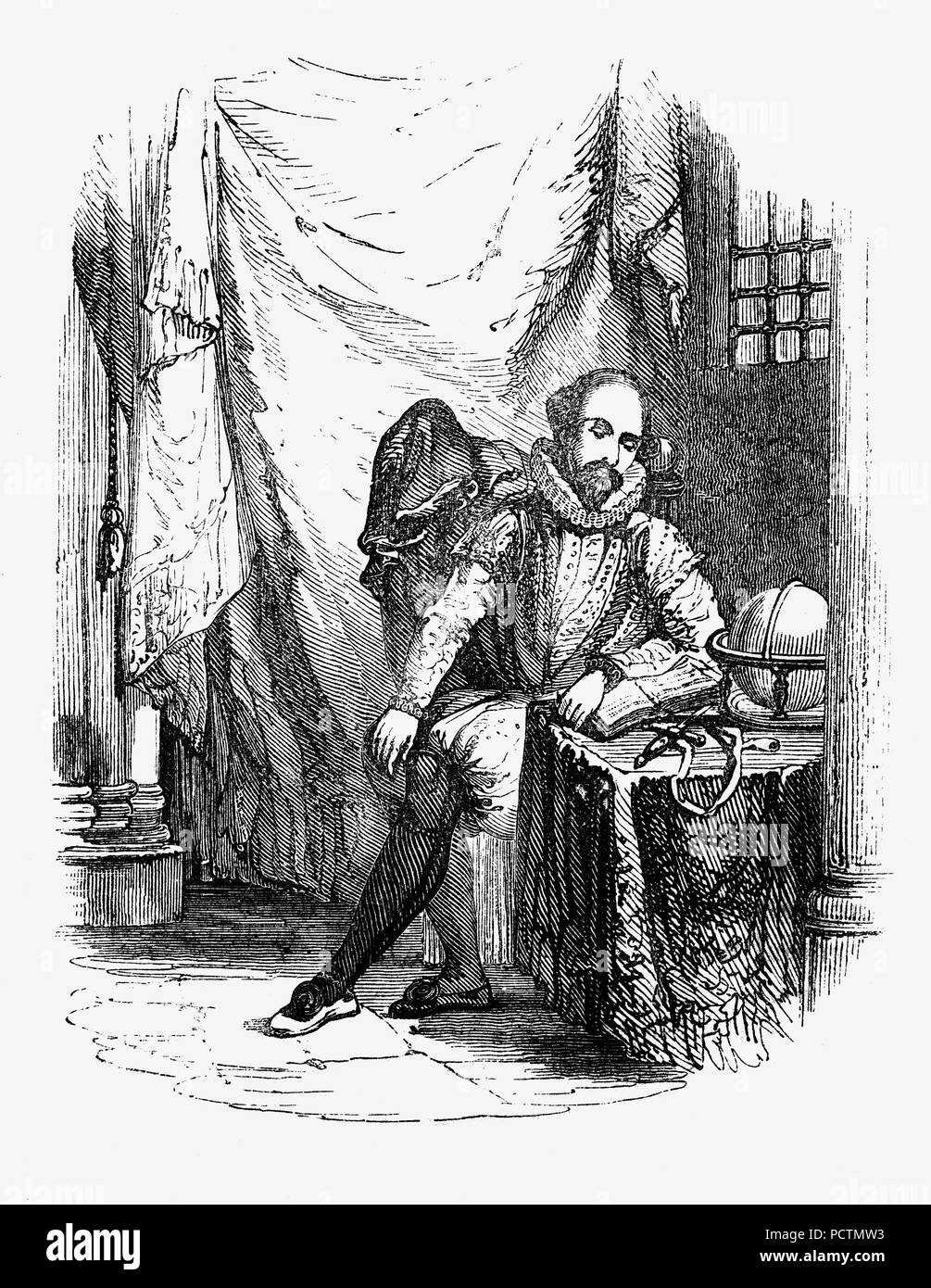 Sir Walter Raleigh (1554-1618) imprisoned in the Tower of London. He had become a favourite of Queen Elizabeth I until 1591, when he secretly married to Elizabeth 'Bess' Throckmorton, one of the Queen's ladies-in-waiting. When the unauthorised marriage was discovered the Queen ordered Raleigh to be imprisoned and Bess dismissed from court. Both were imprisoned in the Tower of London in June 1592. He was released from prison in August 1592 to manage a recently returned expedition and attack on the Spanish coast after which he was sent back to the Tower, but by early 1593 was released. Stock Photo