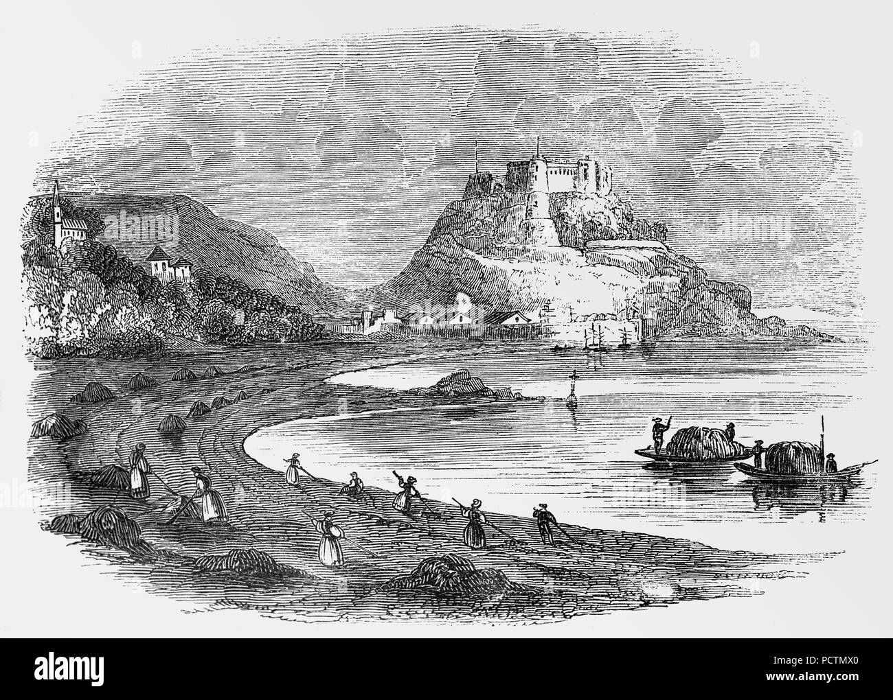 Mont Orgueil in Jersey, Channel Islands, that overlooks the harbour of Gorey. It was the primary defence of Jersey until the development of gunpowder which then rendered the castle ultimately indefensible from Mont Saint Nicholas, the adjacent hill which overlooks the castle. It was  superseded by Elizabeth Castle off Saint Helier, the construction of which commenced at the end of the 16th century. Walter Raleigh, Governor of Jersey in 1600, rejected a plan to demolish the old castle to recycle the stone for the new fortifications with the words: ''twere pity to cast it down'. Stock Photo