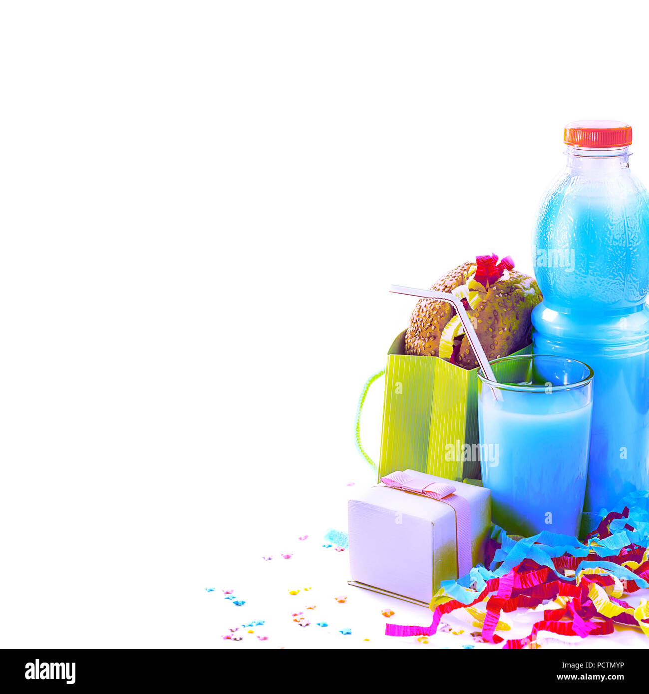 Surrealism Festive composition drinks snacks holiday hamburger cookie tinsel confetti gift box cocktail saturated colors. Children's holiday birthday  Stock Photo