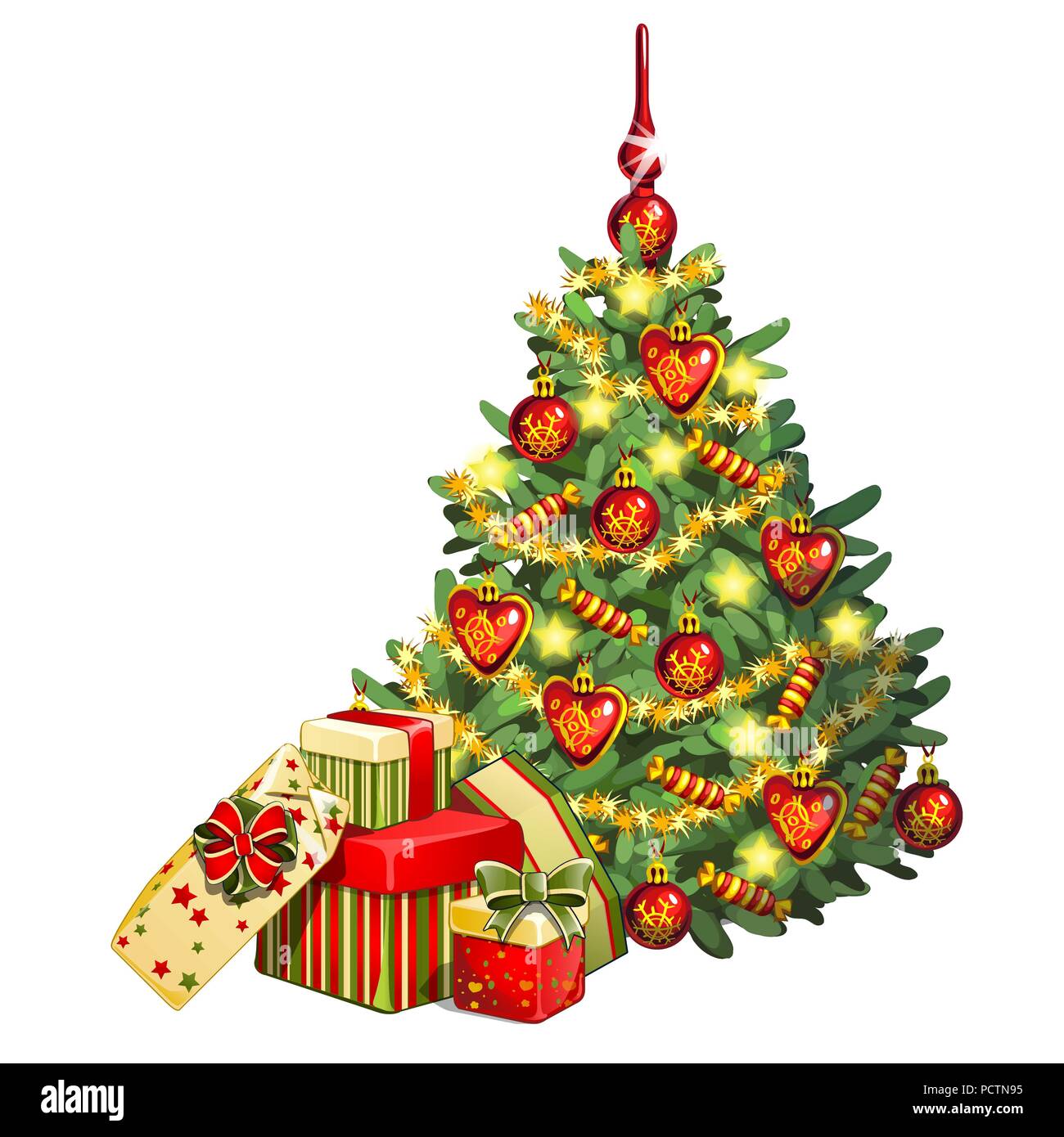 Sketch with brightly decorated Christmas tree. A bunch of boxes with gifts. Sample of the poster, invitation and other cards. Vector illustration. Stock Vector