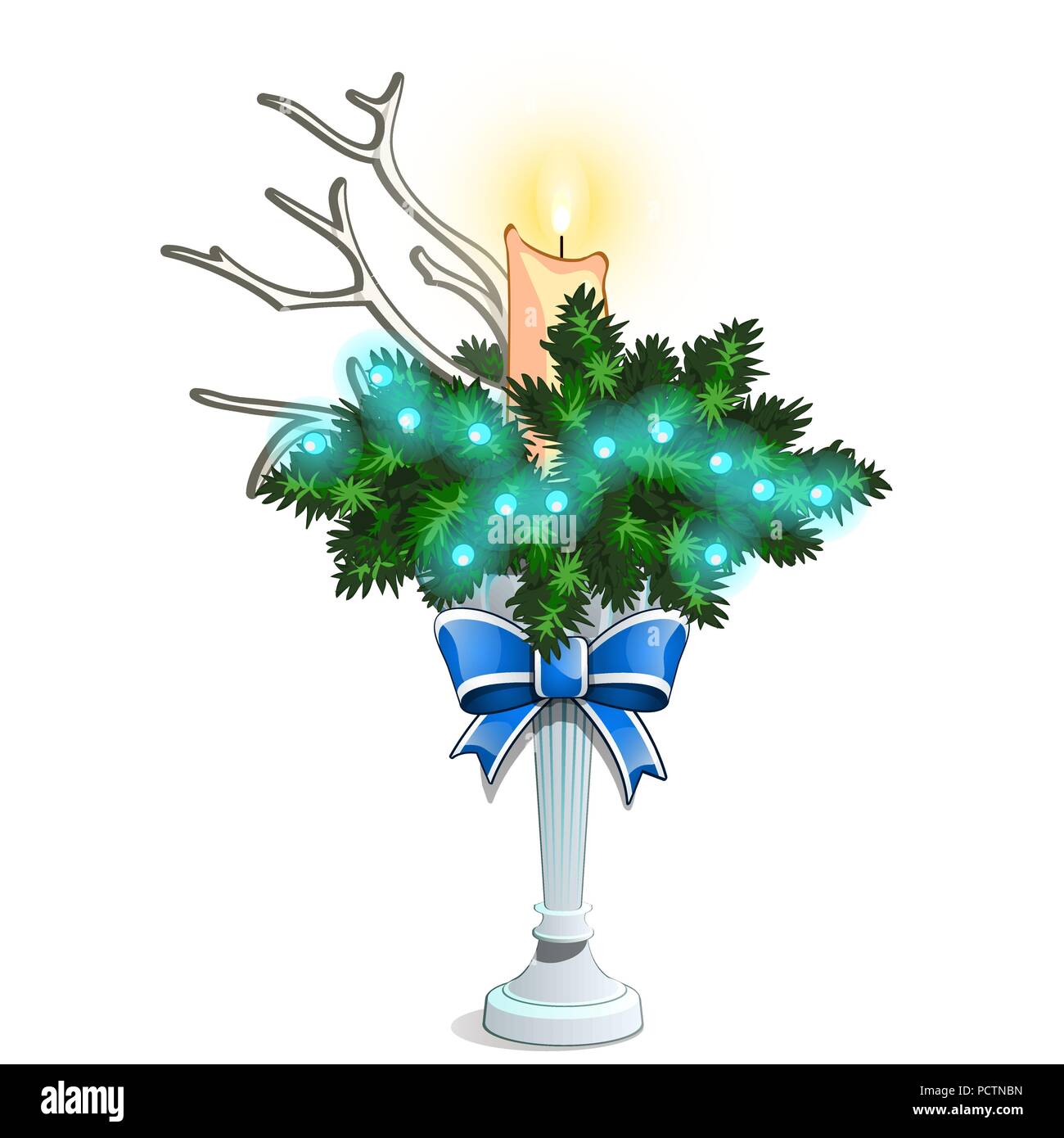 Christmas Sketch With A Decorative Arrangement Of Branches Of Spruce And Horns Of The Deer With A Burning Candle Ideas Festive Interior Sample Of The Poster Invitation And Other Cards Vector Stock