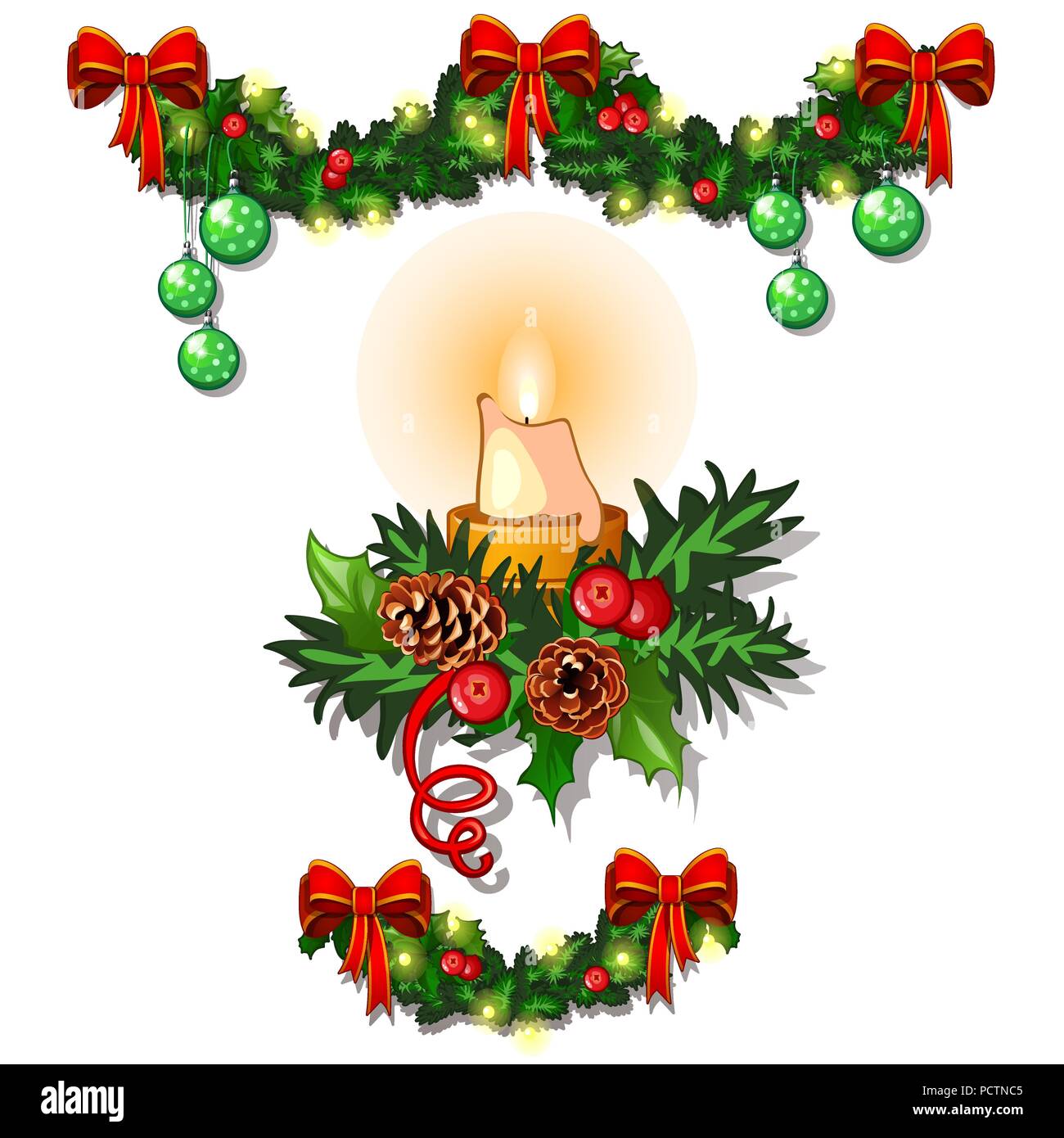 Christmas Sketch With Decorations Of Twigs Of Spruce Holly Leaves Candles And Garlands Sample Of The Poster Invitation And Other Cards Vector Illustration Stock Vector Image Art Alamy