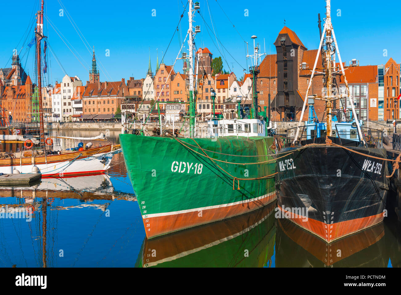 Gdansk river port, view of  the Motlawa waterfront in the historical Old Town quarter of Gdansk, Pomerania, Poland. Stock Photo