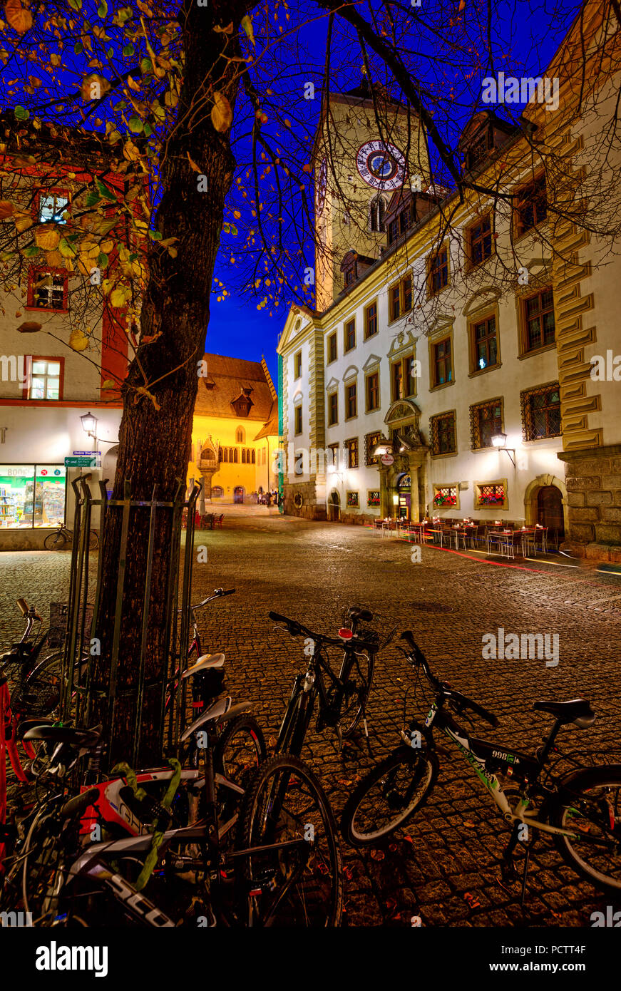 Hotel Bischofshof, Restaurant, Facade, old town, Blue Hour, Regensburg, Upper Palatinate, Bavaria, Germany, Europe Stock Photo