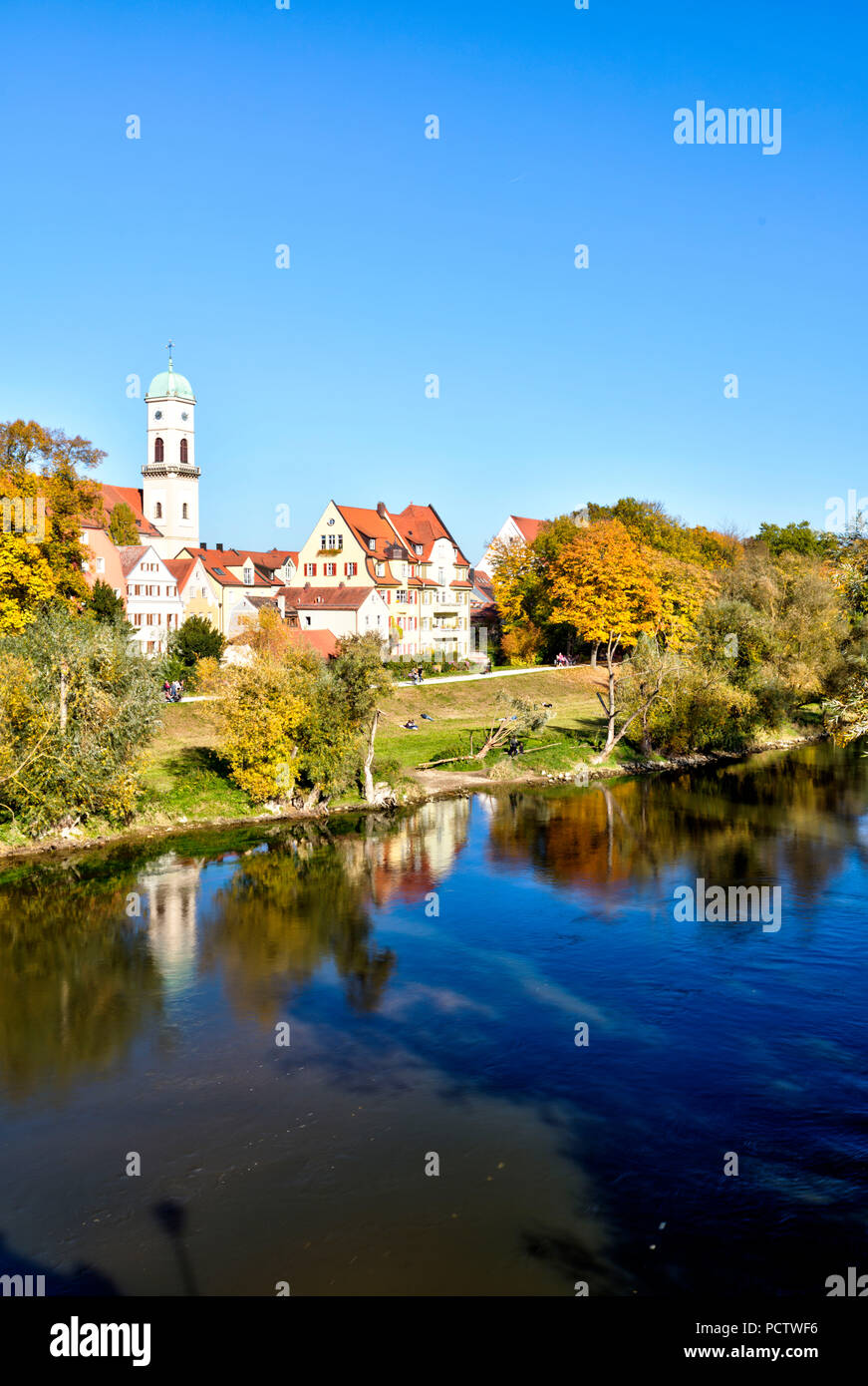 View from the Jahn Island, Regensburg-Stadtamhof, Parish Church, St. Mang, waterfront, autumn, Upper Palatinate, Bavaria, Germany, Europe, Stock Photo