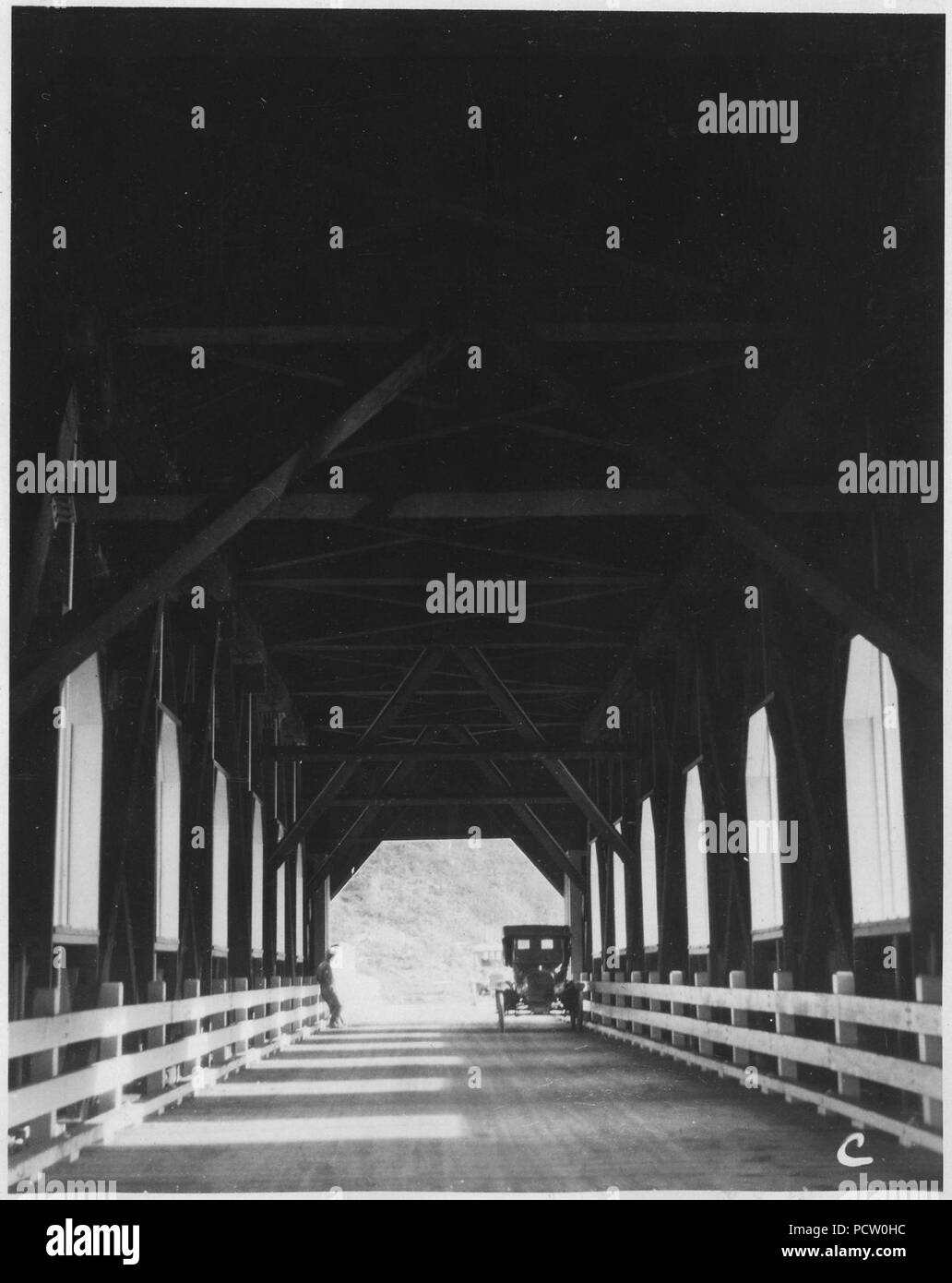 Alsea River Bridge, Station 60, Section 9. Looking through spans from South end. Shows stiff construction and well... - Stock Photo