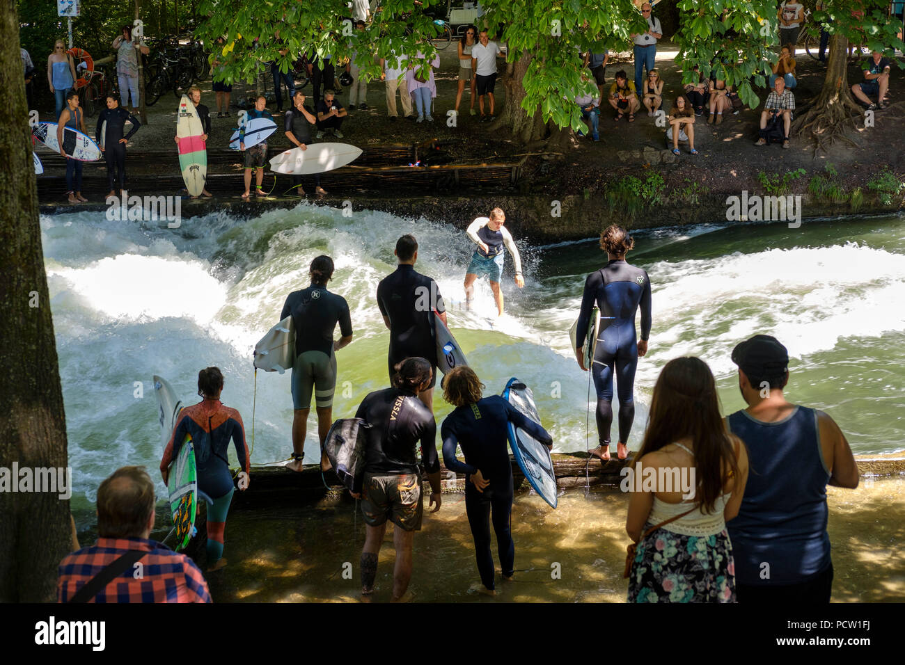 Surfer On Eisbachwelle Eisbach Englischer Garten Munich Upper